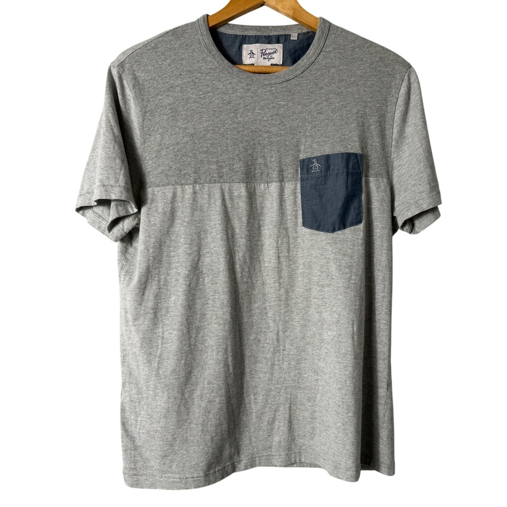 Penguin T-Shirt Sz L Grey Striped Pocket Crew Neck Tee Casual